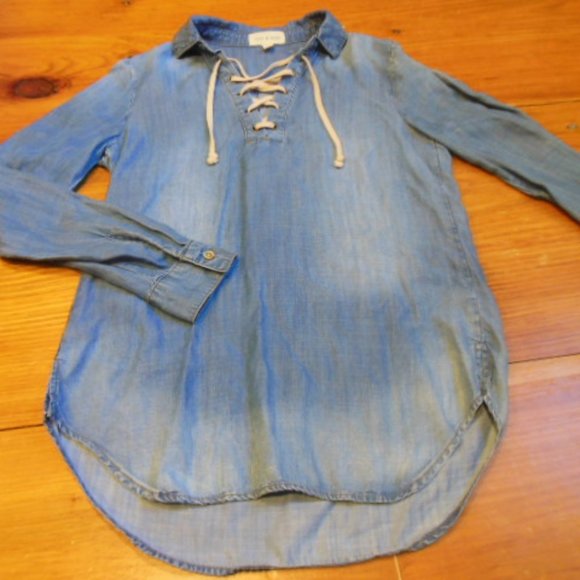 CLOTH & STONE XS Blue Shoelace Chambray Tunic Top Stone Wash Hi Lo - Picture 3 of 6